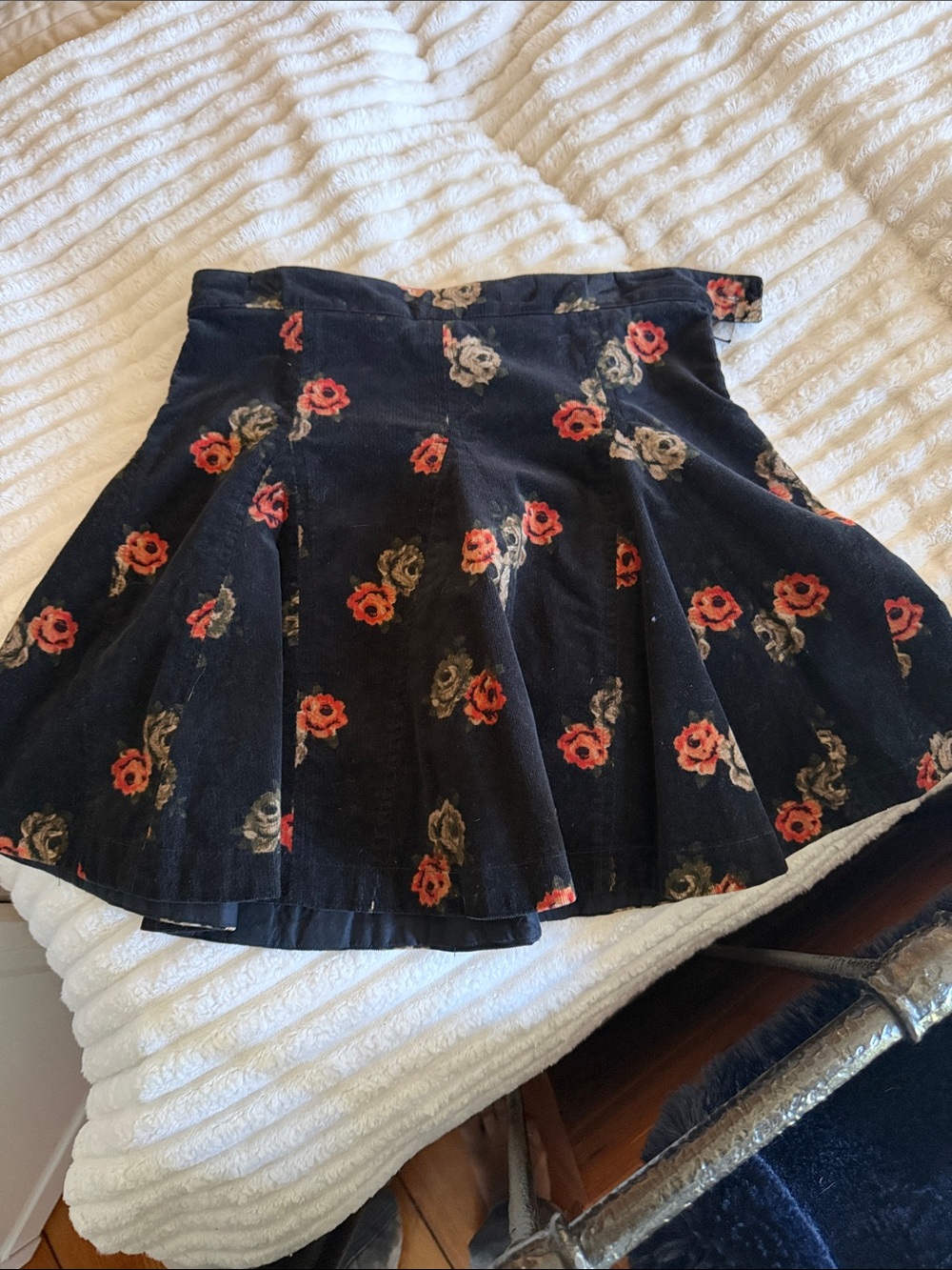 Free People Black Corduroy Floral Skater Skirt with Red & Cream Blooms
